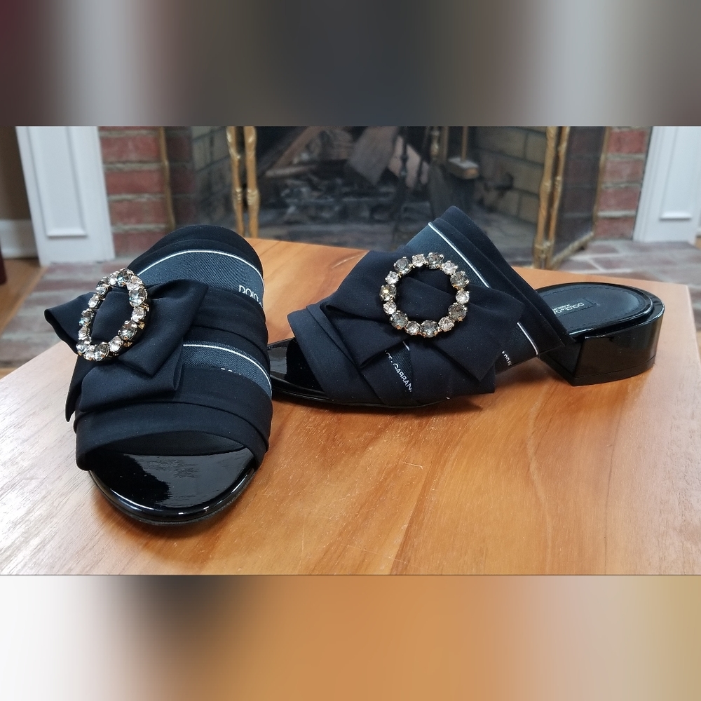 Size 35 Dolce Gabbana Black Satin Crystal Bow Logo Mules Slides Sandals